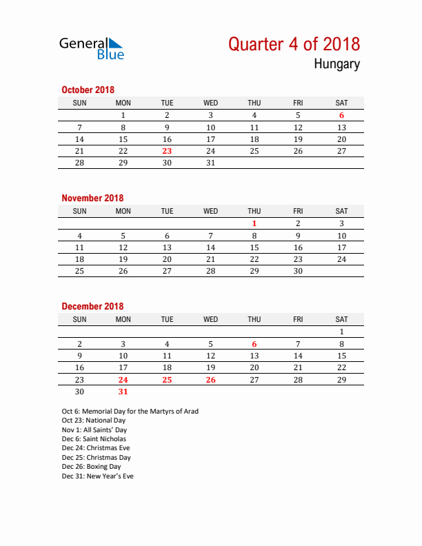 Printable Three Month Calendar with Hungary Holidays