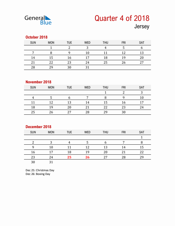 Printable Three Month Calendar with Jersey Holidays