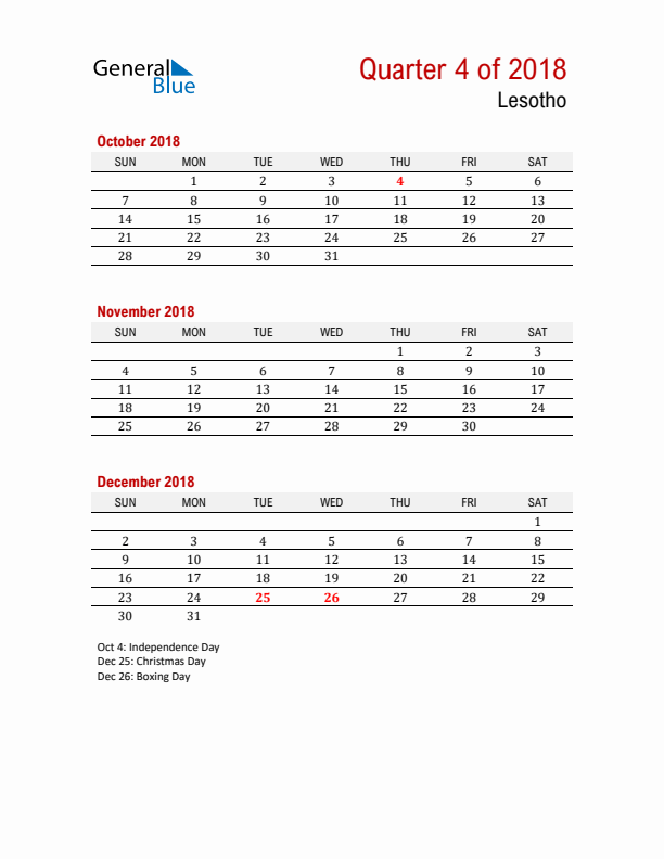 Printable Three Month Calendar with Lesotho Holidays