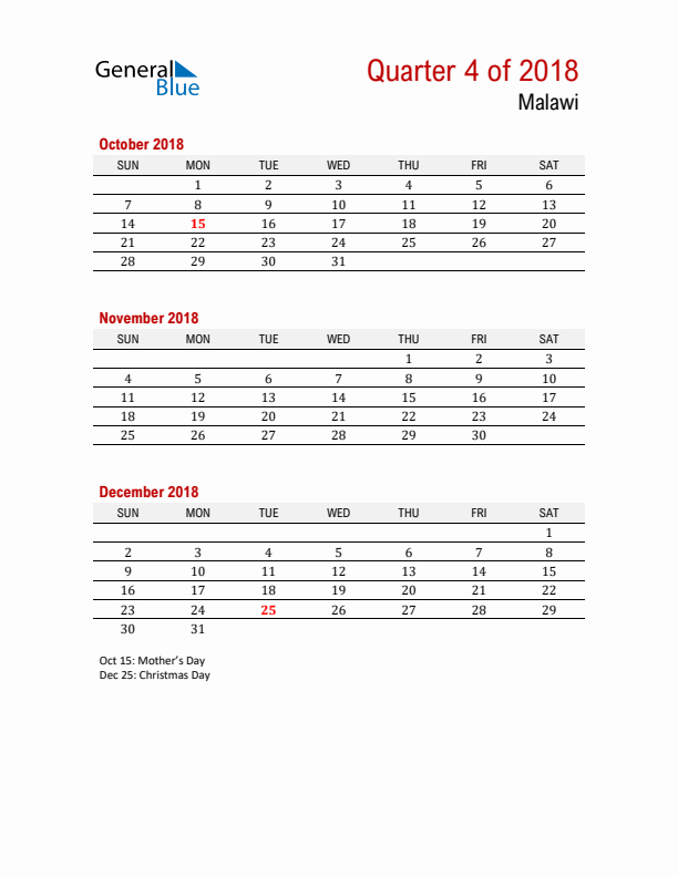 Printable Three Month Calendar with Malawi Holidays