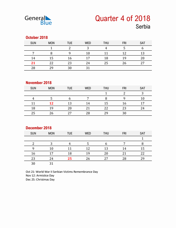 Printable Three Month Calendar with Serbia Holidays