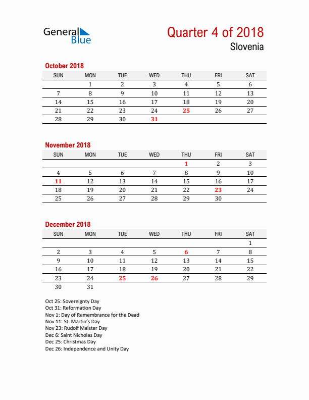 Printable Three Month Calendar with Slovenia Holidays