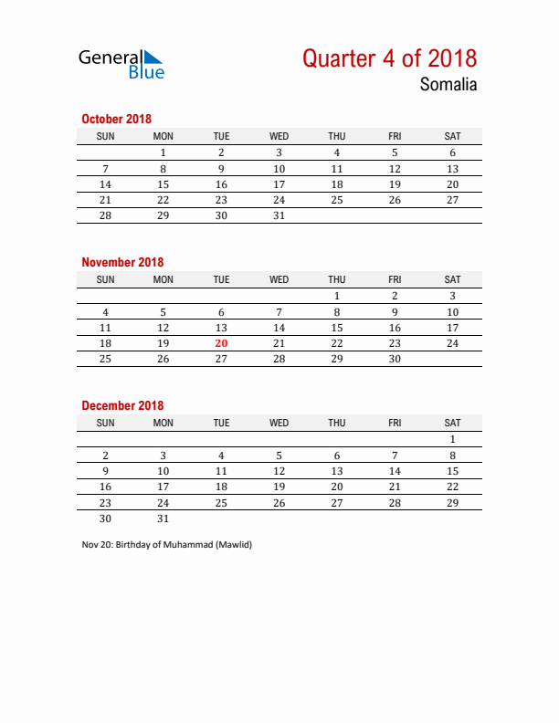 Printable Three Month Calendar with Somalia Holidays