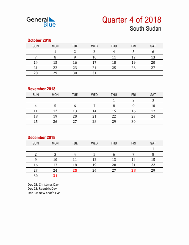 Printable Three Month Calendar with South Sudan Holidays