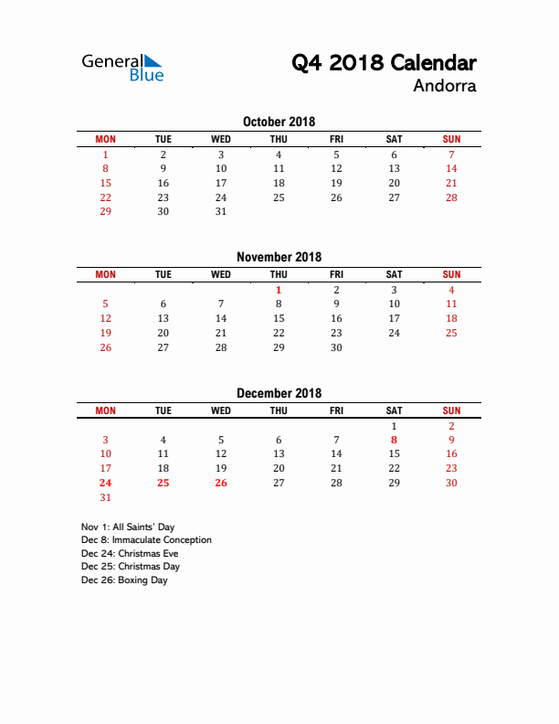 2018 Q4 Calendar with Holidays List for Andorra