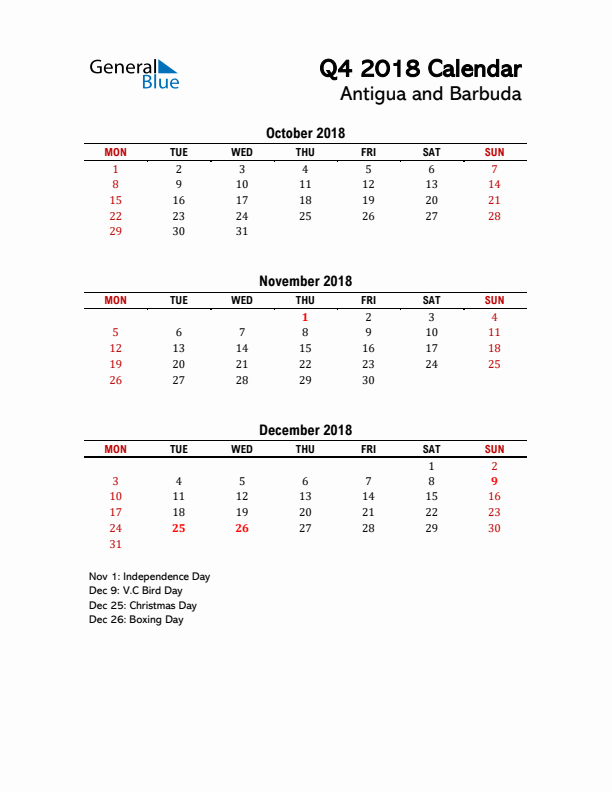 2018 Q4 Calendar with Holidays List for Antigua and Barbuda