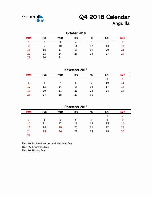 2018 Q4 Calendar with Holidays List for Anguilla