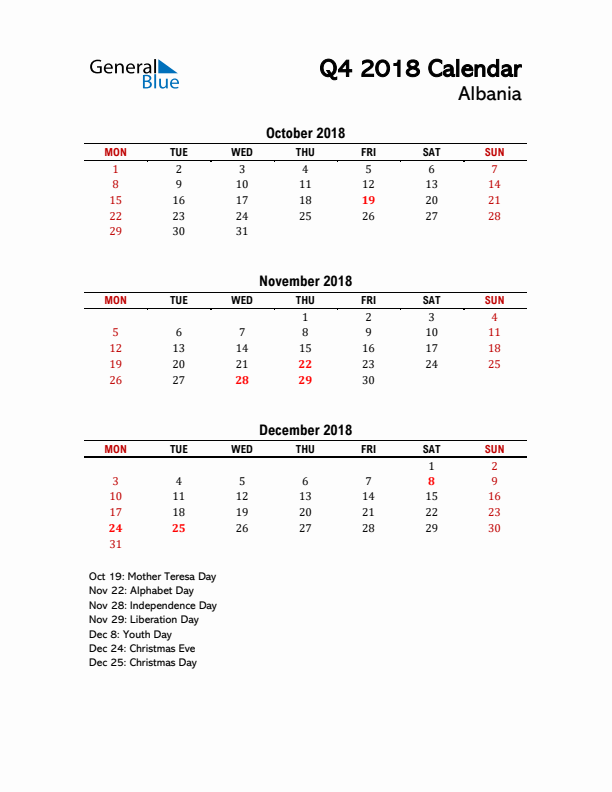 2018 Q4 Calendar with Holidays List for Albania