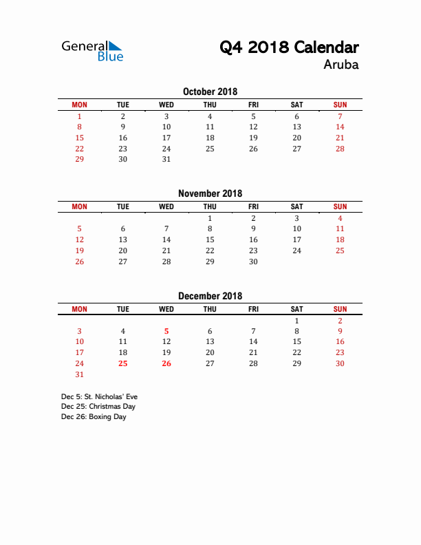 2018 Q4 Calendar with Holidays List for Aruba