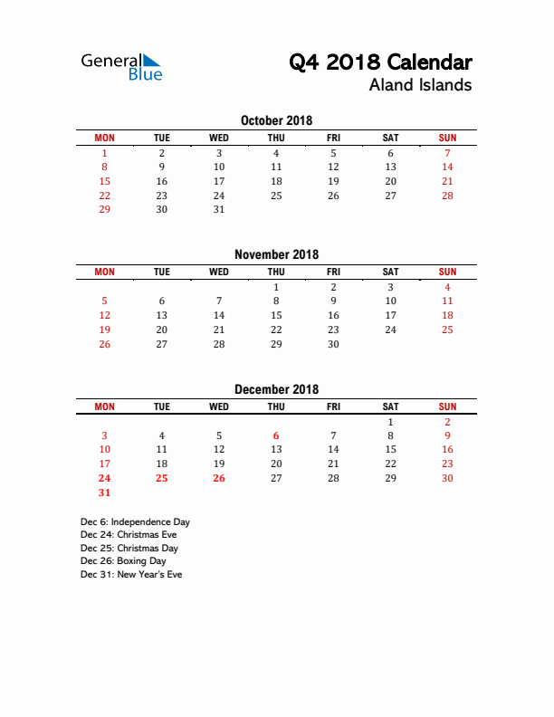 2018 Q4 Calendar with Holidays List for Aland Islands