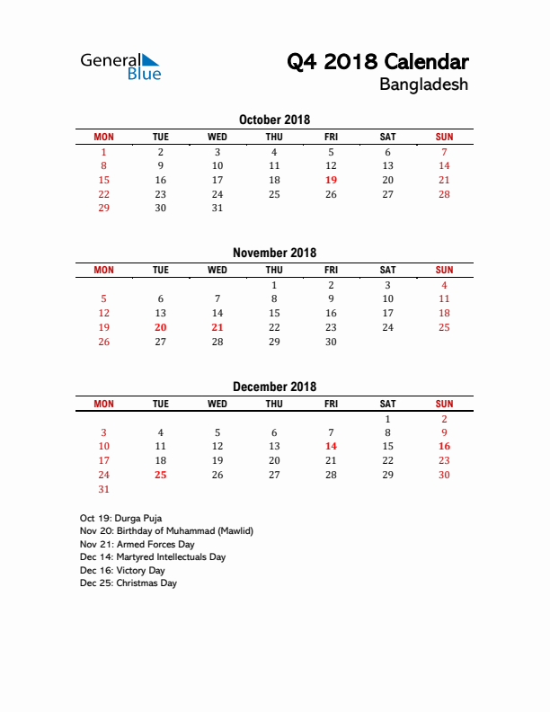 2018 Q4 Calendar with Holidays List for Bangladesh