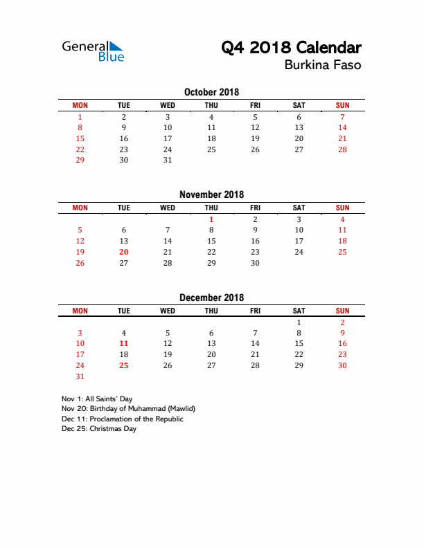 2018 Q4 Calendar with Holidays List for Burkina Faso