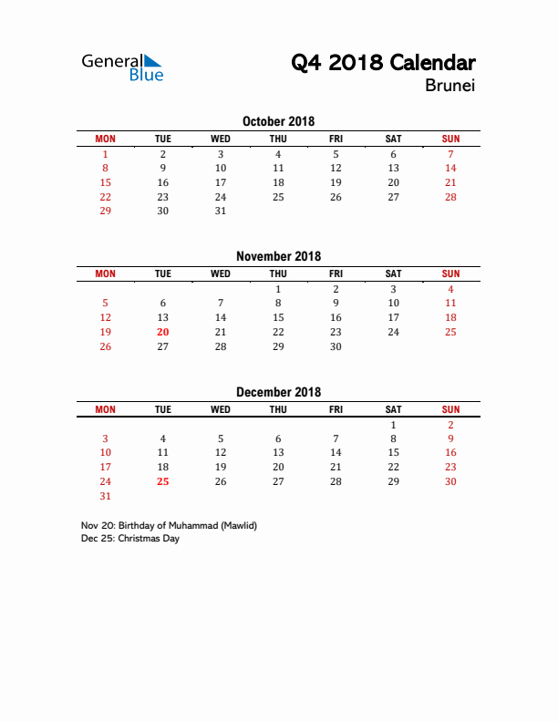 2018 Q4 Calendar with Holidays List for Brunei