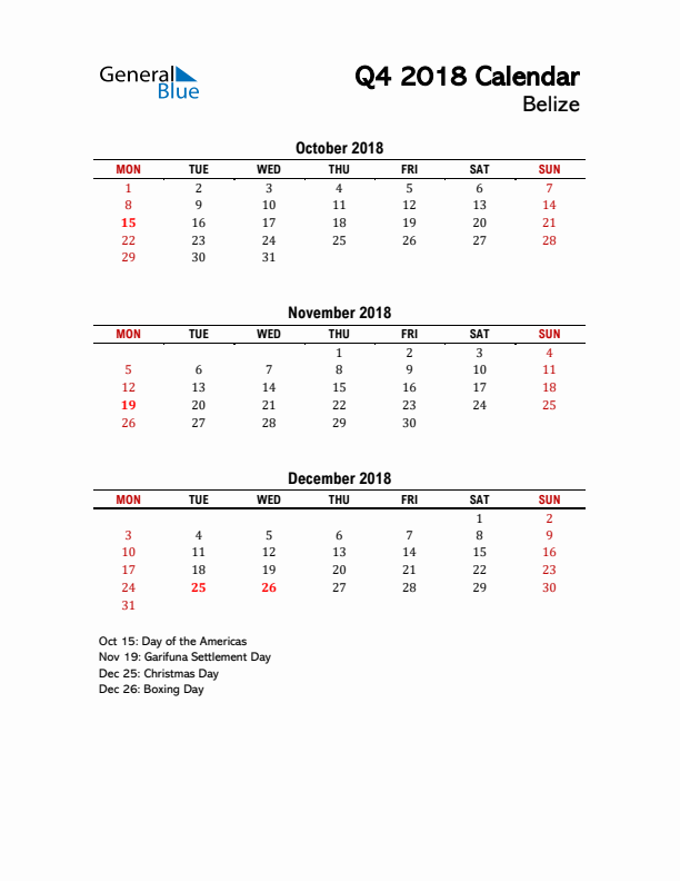 2018 Q4 Calendar with Holidays List for Belize