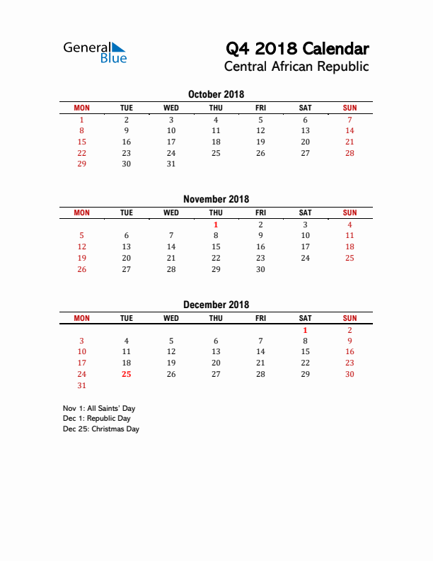 2018 Q4 Calendar with Holidays List for Central African Republic