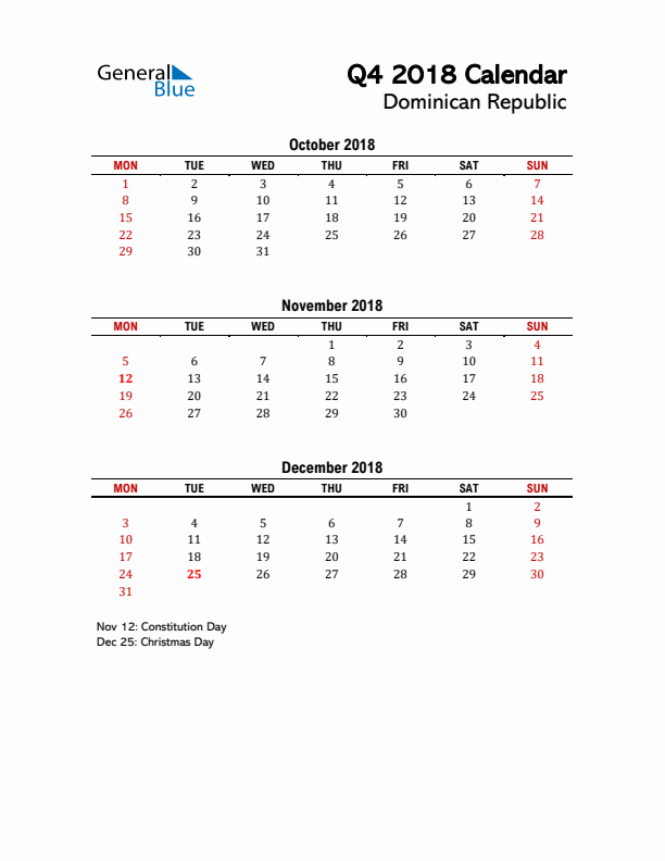 2018 Q4 Calendar with Holidays List for Dominican Republic