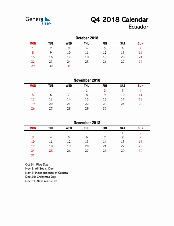 2018 Q4 Calendar with Holidays List for Ecuador