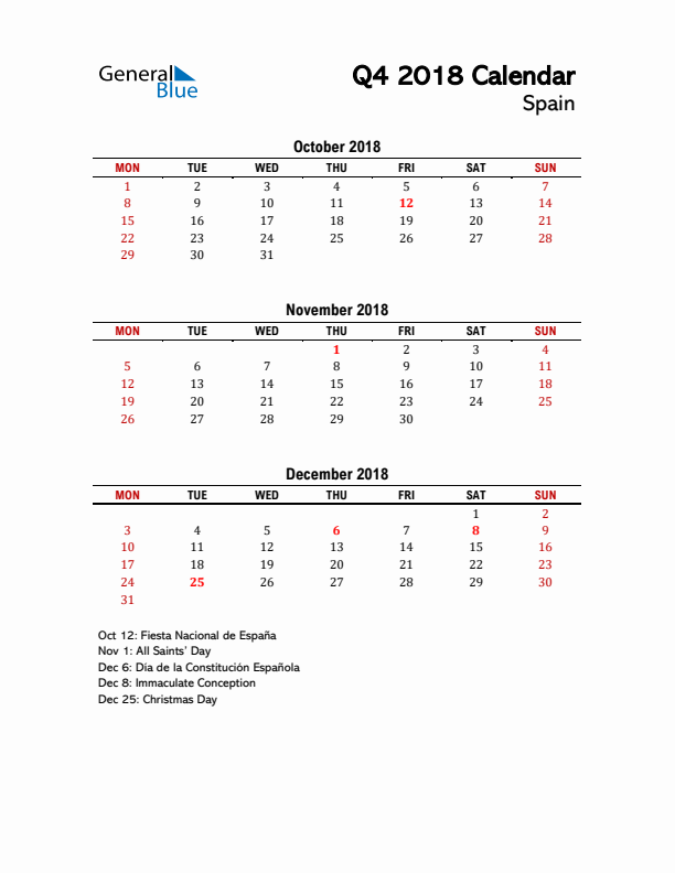 2018 Q4 Calendar with Holidays List for Spain