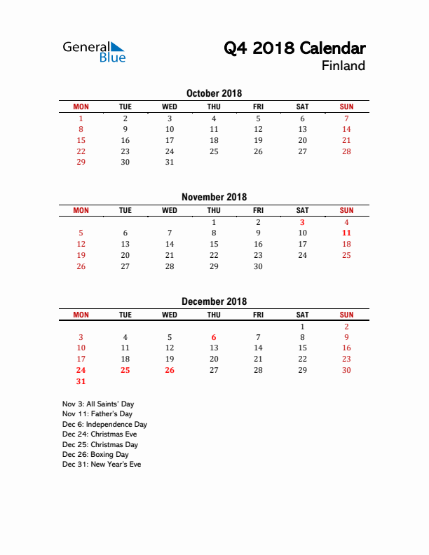 2018 Q4 Calendar with Holidays List for Finland