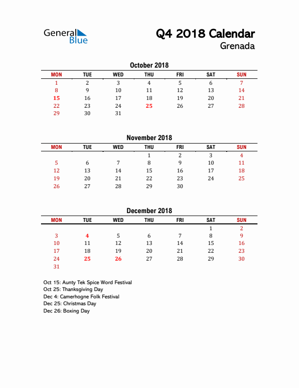 2018 Q4 Calendar with Holidays List for Grenada