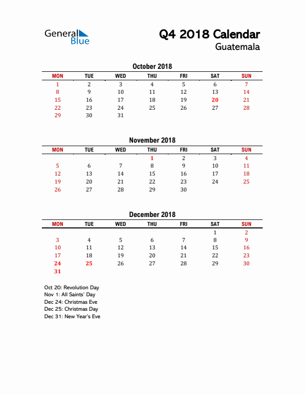 2018 Q4 Calendar with Holidays List for Guatemala