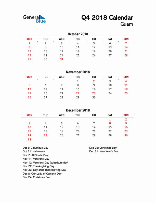 2018 Q4 Calendar with Holidays List for Guam