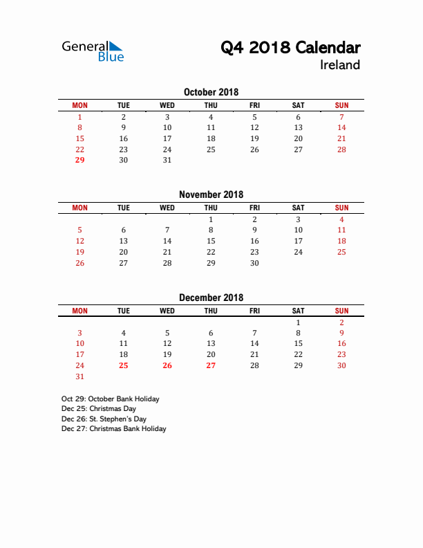 2018 Q4 Calendar with Holidays List for Ireland