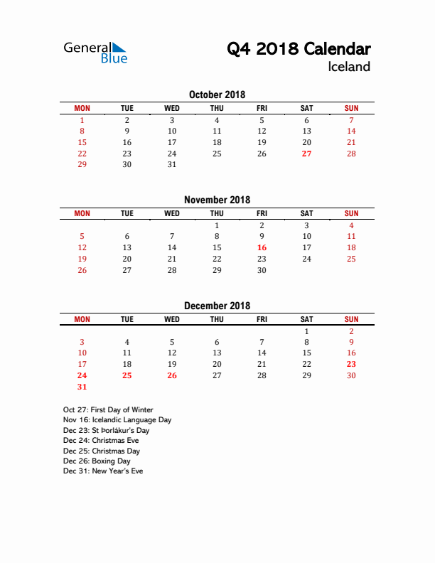 2018 Q4 Calendar with Holidays List for Iceland