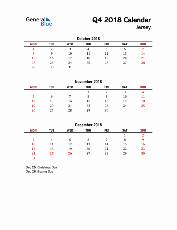 2018 Q4 Calendar with Holidays List for Jersey