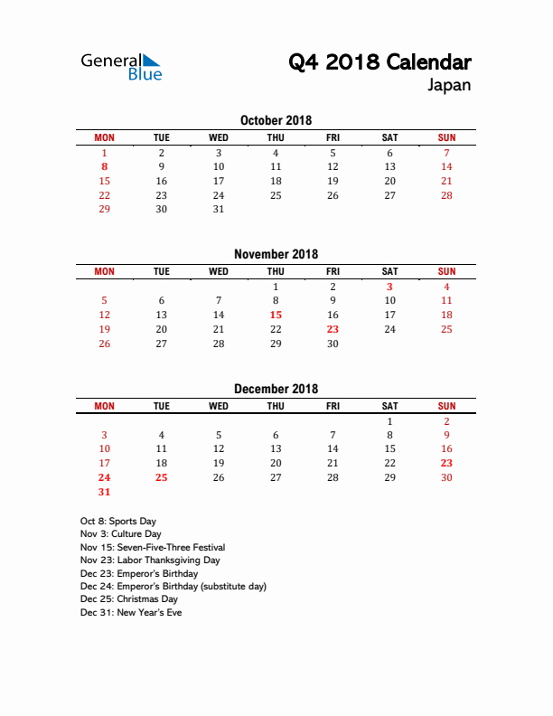 2018 Q4 Calendar with Holidays List for Japan