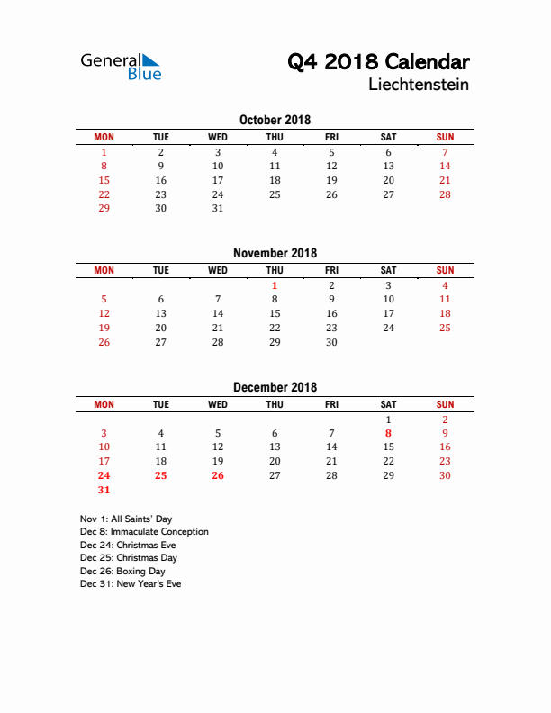 2018 Q4 Calendar with Holidays List for Liechtenstein