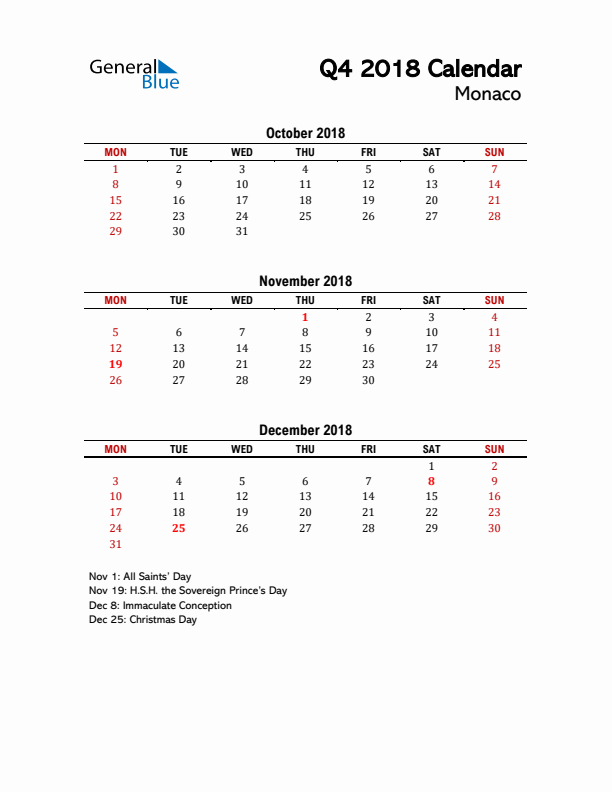 2018 Q4 Calendar with Holidays List for Monaco