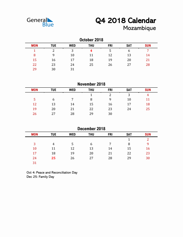 2018 Q4 Calendar with Holidays List for Mozambique