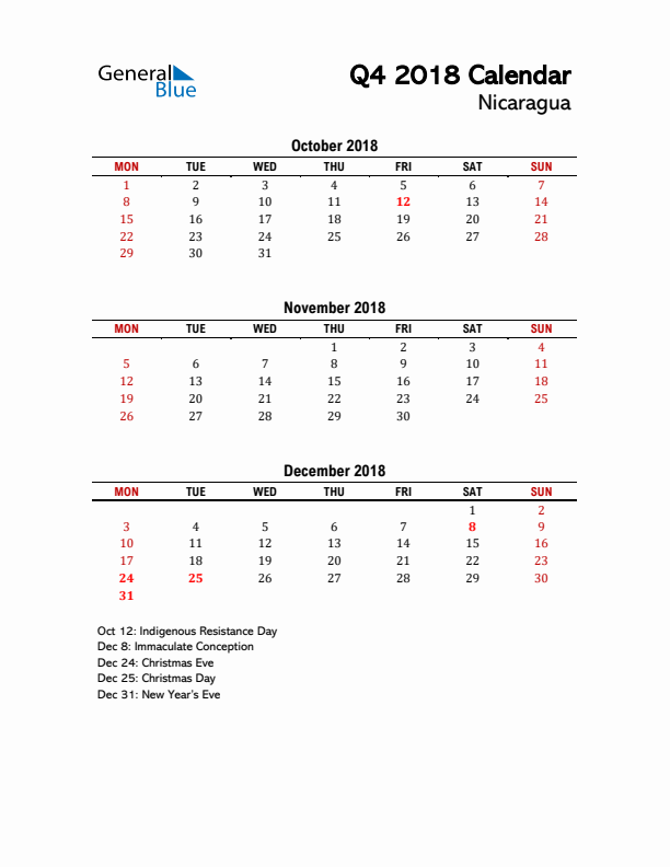 2018 Q4 Calendar with Holidays List for Nicaragua