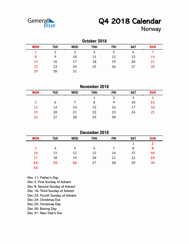 2018 Q4 Calendar with Holidays List for Norway