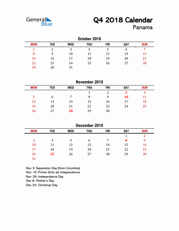 2018 Q4 Calendar with Holidays List for Panama