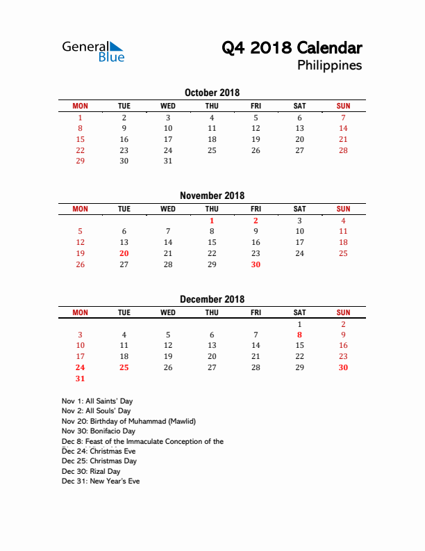 2018 Q4 Calendar with Holidays List for Philippines