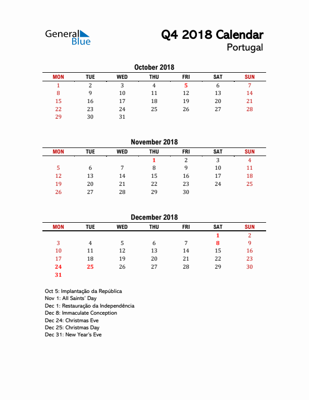 2018 Q4 Calendar with Holidays List for Portugal