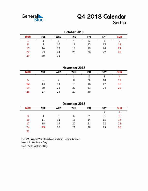 2018 Q4 Calendar with Holidays List for Serbia