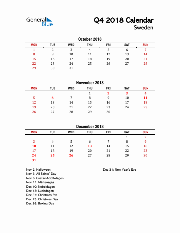 2018 Q4 Calendar with Holidays List for Sweden