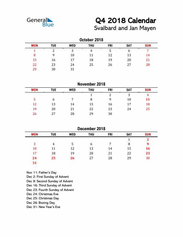 2018 Q4 Calendar with Holidays List for Svalbard and Jan Mayen