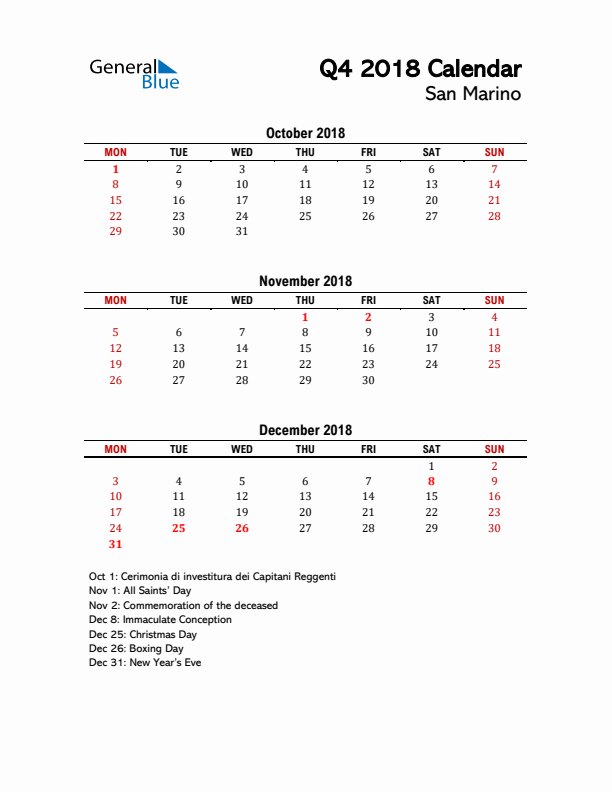 2018 Q4 Calendar with Holidays List for San Marino