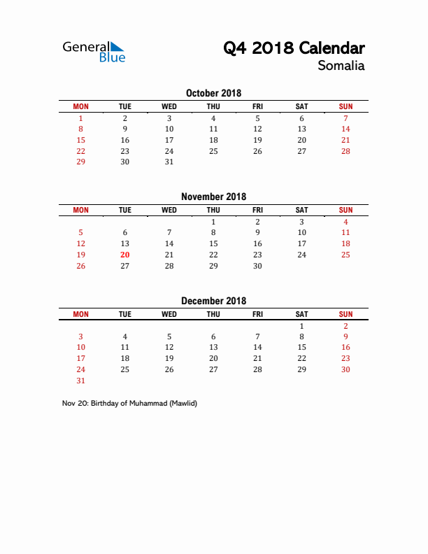 2018 Q4 Calendar with Holidays List for Somalia