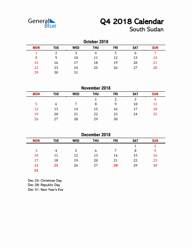 2018 Q4 Calendar with Holidays List for South Sudan