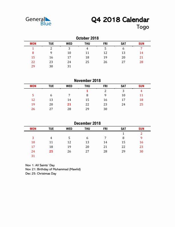 2018 Q4 Calendar with Holidays List for Togo