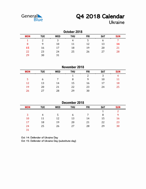 2018 Q4 Calendar with Holidays List for Ukraine