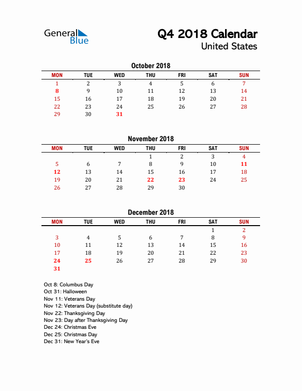 2018 Q4 Calendar with Holidays List for United States