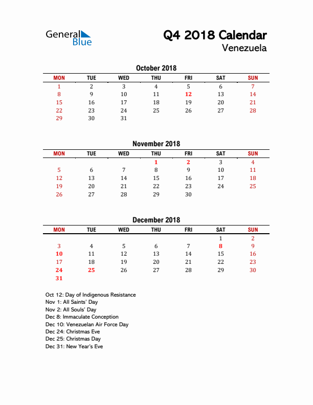 2018 Q4 Calendar with Holidays List for Venezuela