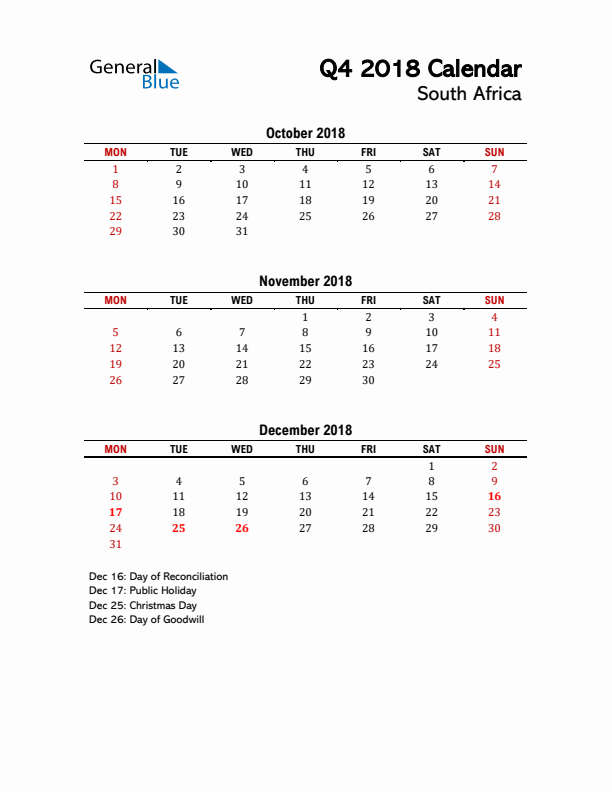 2018 Q4 Calendar with Holidays List for South Africa