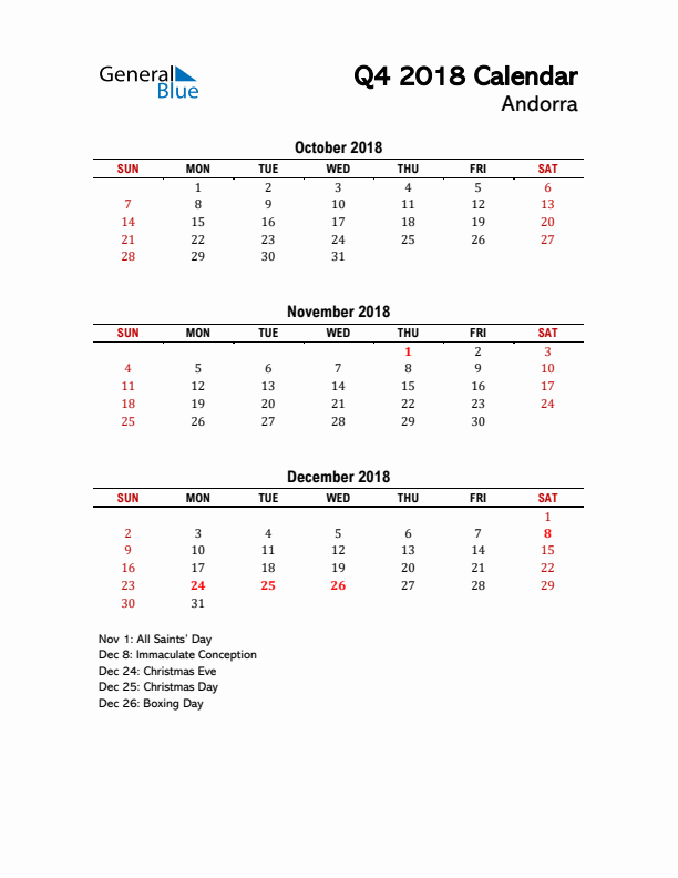 2018 Q4 Calendar with Holidays List for Andorra